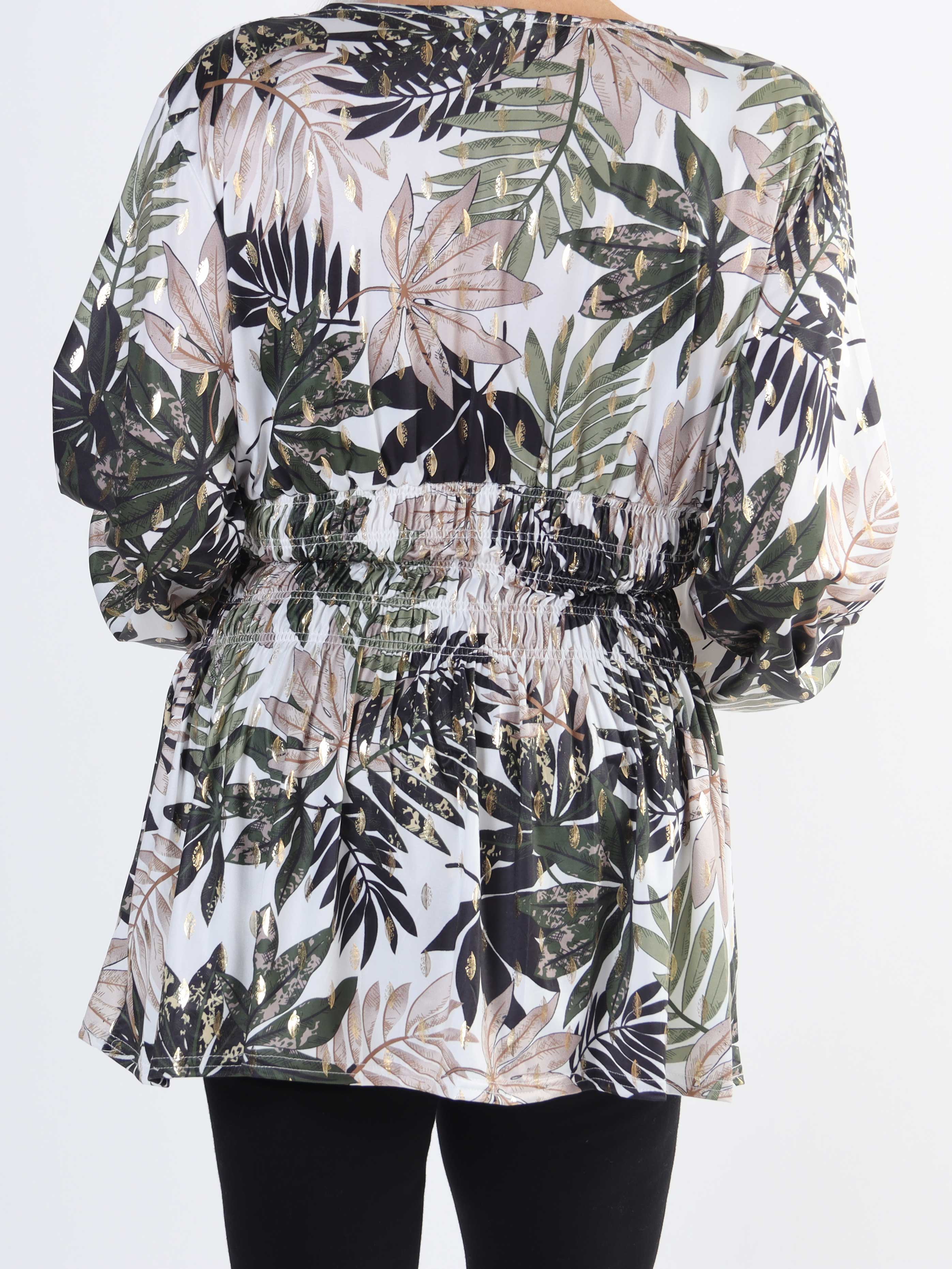 Pams Leaf Shirt L/S - Elastisk plus size bluse i krølfrit stof